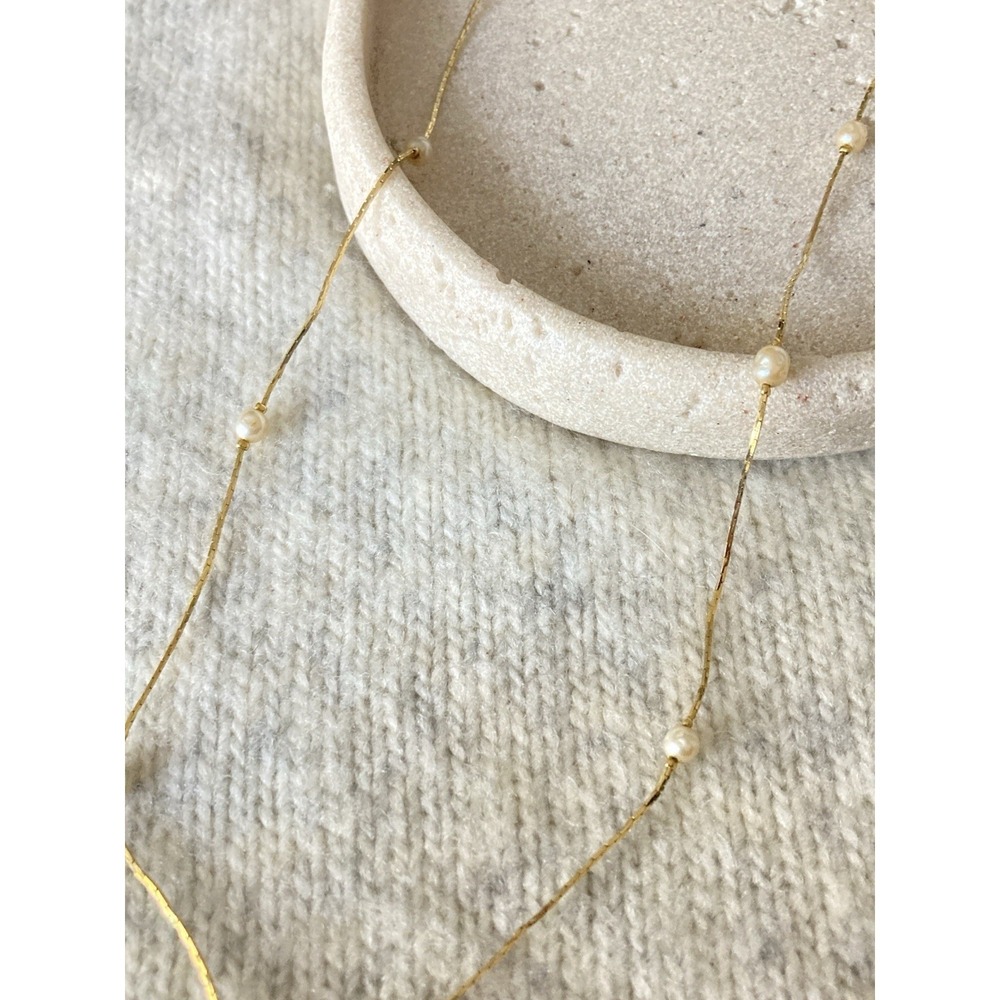 Vintage Marvella Faux Pearl Station Necklace‎ Gold Tone Long Dainty Chain Signed